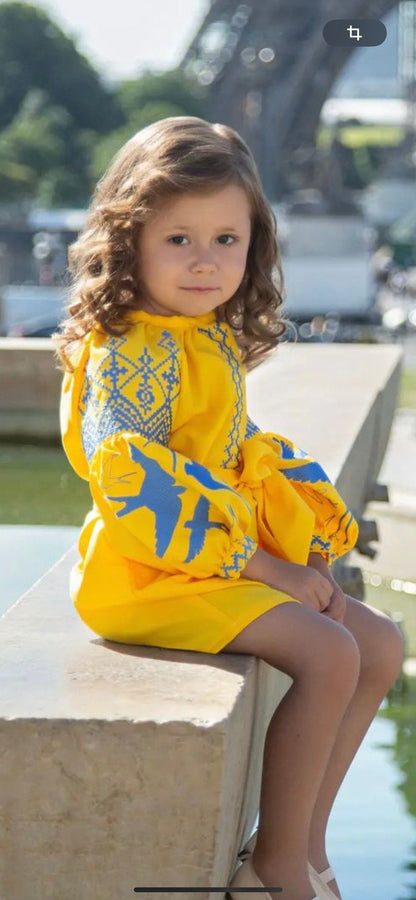 Ukrainian Embroidered Dress for Girls – Swallow Motif in Blue and Yellow