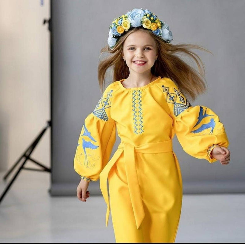 Ukrainian Embroidered Dress for Girls – Swallow Motif in Blue and Yellow