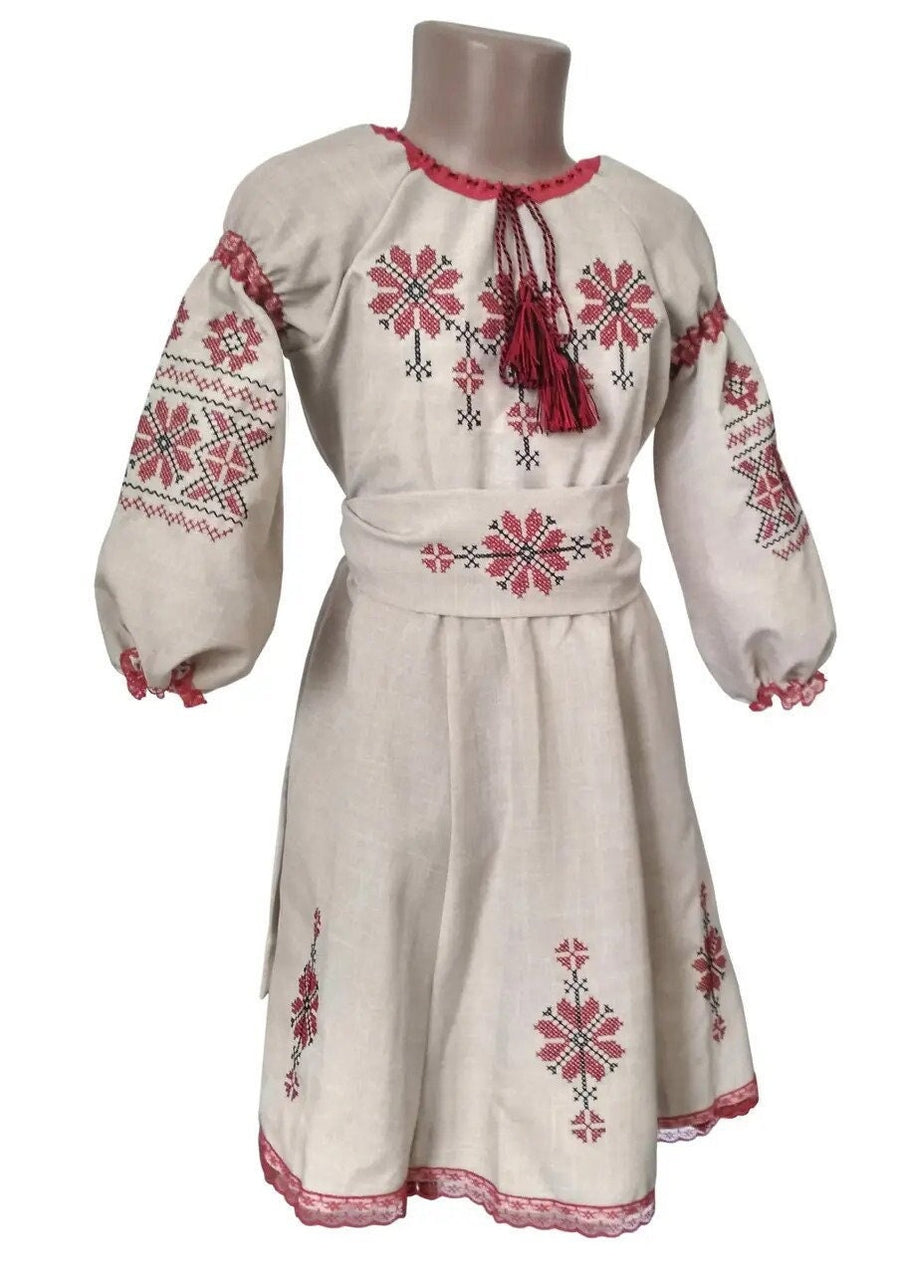Ukrainian Embroidered Linen Dress with Belt for Girls – Traditional Vyshyvanka Outfit