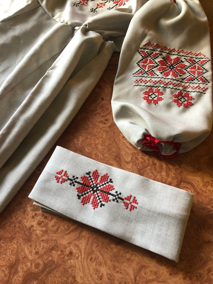 Ukrainian Embroidered Linen Dress with Belt for Girls – Traditional Vyshyvanka Outfit