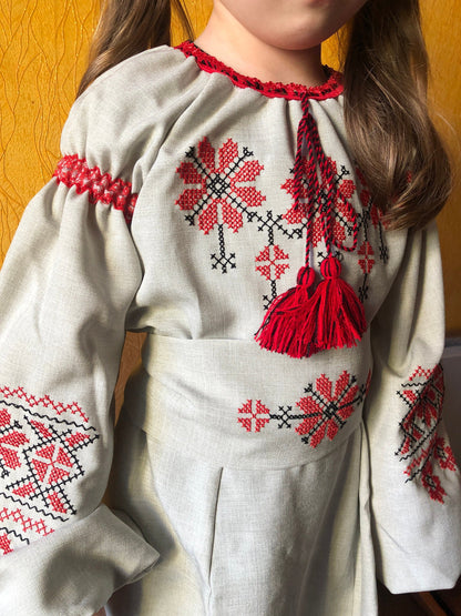 Ukrainian Embroidered Linen Dress with Belt for Girls – Traditional Vyshyvanka Outfit