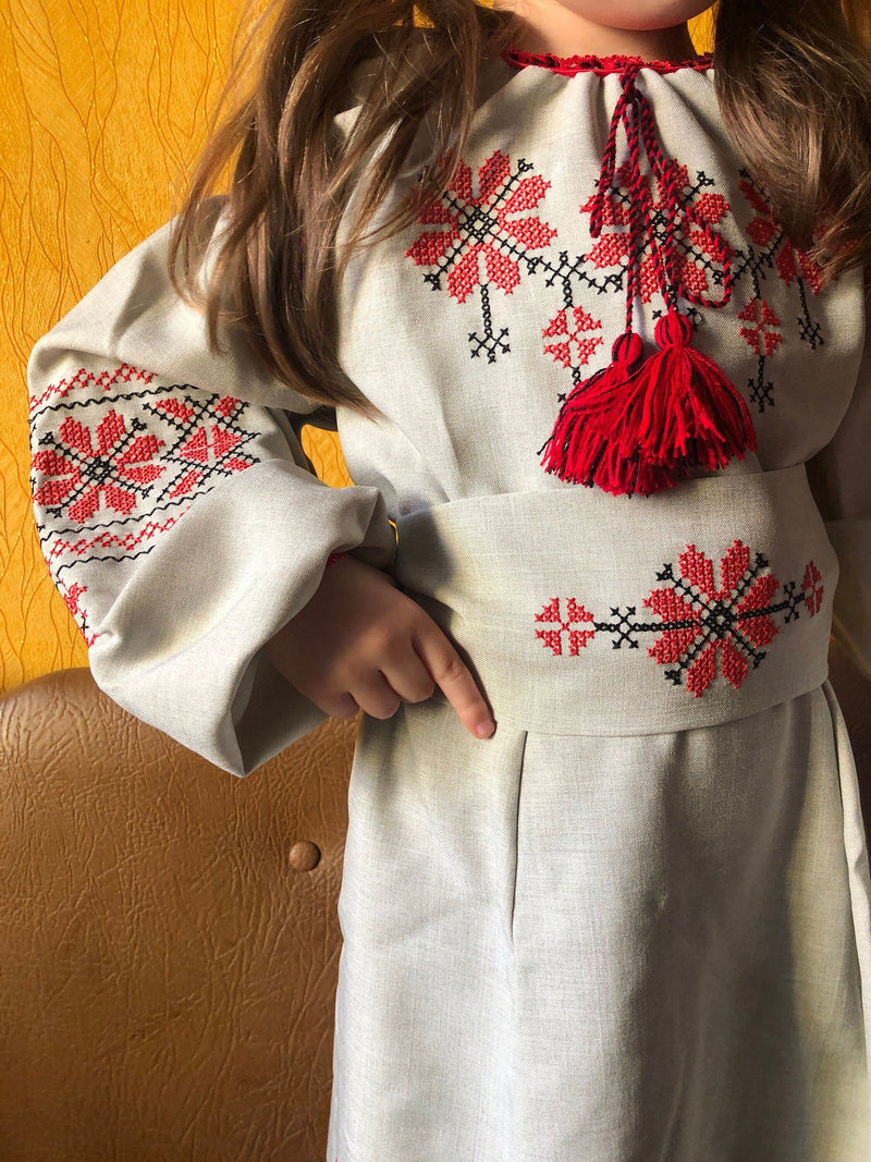 Ukrainian Embroidered Linen Dress with Belt for Girls – Traditional Vyshyvanka Outfit