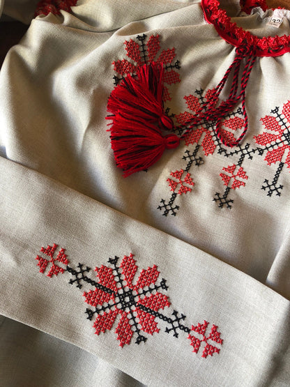 Ukrainian Embroidered Linen Dress with Belt for Girls – Traditional Vyshyvanka Outfit